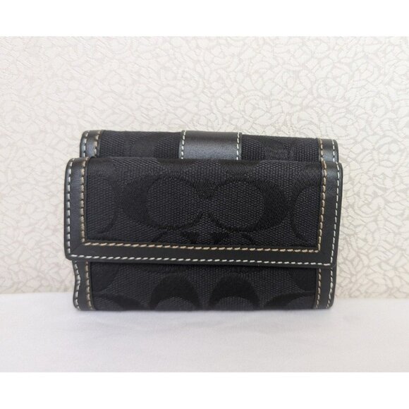 Vintage Coach Signature Stripe Trifold Wallet W/Billfold Snap Closure Black - Picture 2 of 12